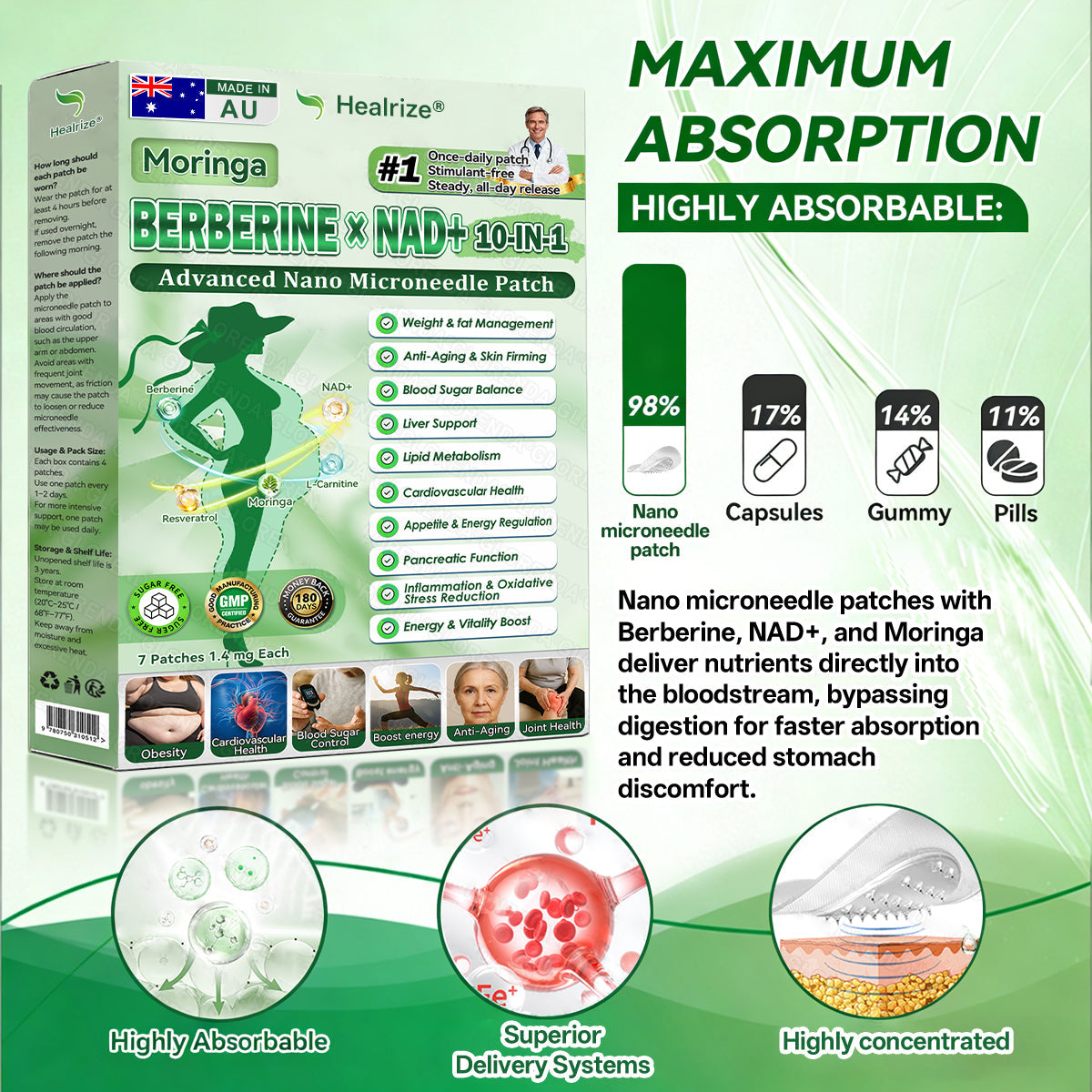 𝐎𝐟𝐟𝐢𝐜𝐢𝐚𝐥 𝐒𝐭𝐨𝐫𝐞 | 🩵👩‍⚕️ Healrize® 𝑴𝒐𝒓𝒊𝒏𝙜𝙖 · 𝘽𝙚𝙧𝙗𝙚𝙧𝒊𝒏𝒆 × 𝐍𝐀𝑫+ 𝟏𝟎-𝗶𝗻-𝟏 𝐀𝐝𝐯𝐚𝐧𝐜𝐞𝐝 𝑵𝒂𝙣𝙤 𝑴𝒊𝒄𝒓𝒐𝒏𝒆𝒆𝗱𝗹𝗲 𝐏𝐚𝒕𝗰𝗵 🇦🇺 (𝐀𝐩𝐩𝐥𝐲 𝐨𝐧𝐜𝐞 𝐝𝐚𝐢𝐥𝐲) ✅ 𝐅𝐨𝐫 𝐰𝐞𝐢𝐠𝐡𝐭 𝐦𝐚𝐧𝐚𝐠𝐞𝐦𝐞𝐧𝐭, 𝐥𝐨𝐨𝐬𝐞 𝐬𝐤𝐢𝐧, 𝐝𝐢𝐚𝐛𝐞𝐭𝐞𝐬, 𝐬𝐥𝐞𝐞𝐩 𝐚𝐩𝐧𝐨𝐞𝐚, 𝐣𝐨𝐢𝐧𝐭 𝐩𝐫𝐨𝐛𝐥𝐞𝐦𝐬 𝐚𝐧𝐝 𝐦𝐨𝐫𝐞🌺